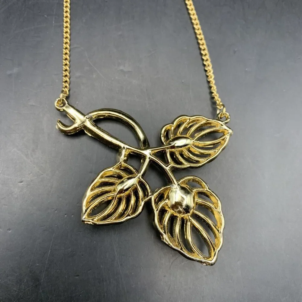 Leaf Pendant Necklace Red Rhinestone Gold Tone Floral 15 Inch Vintage